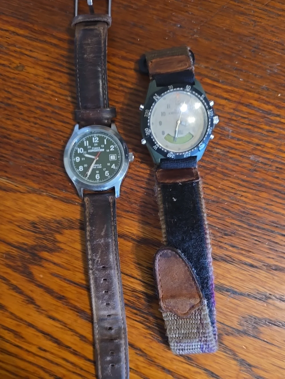 Pair of Vintage Green Dial Wristwatches with Brown Leather Straps